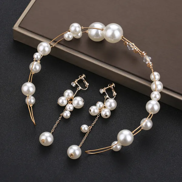 Chic / Beautiful Gold Headpieces Bridal Hair Accessories 2020 Metal Crystal Pearl Headbands Earrings Wedding Accessories