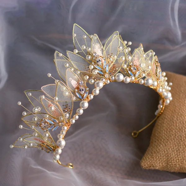 Blomma Fe Guld Fjäril Brud Huvudbonad 2020 Legering Pärla Rhinestone Tiara Bröllop Tillbehör
