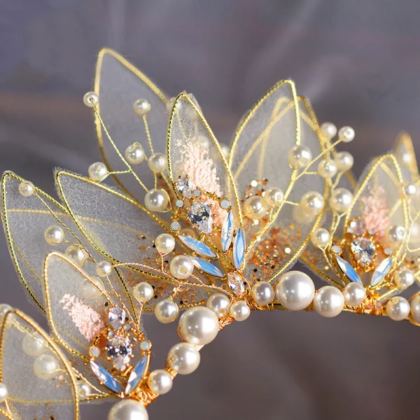 Blomma Fe Guld Fjäril Brud Huvudbonad 2020 Legering Pärla Rhinestone Tiara Bröllop Tillbehör