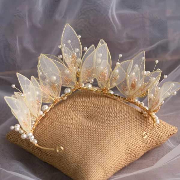 Blomma Fe Guld Fjäril Brud Huvudbonad 2020 Legering Pärla Rhinestone Tiara Bröllop Tillbehör