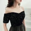Chic / Belle Noire Robe De Soirée 2020 Princesse De l'épaule Manches Courtes Étoile Brodé Paillettes Longue Volants Robe De Ceremonie
