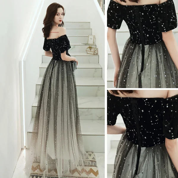 Chic / Belle Noire Robe De Soirée 2020 Princesse De l'épaule Manches Courtes Étoile Brodé Paillettes Longue Volants Robe De Ceremonie