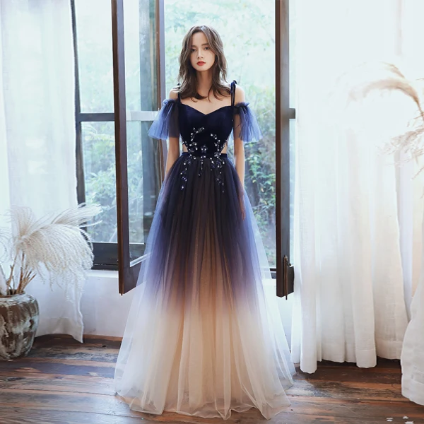 Chic / Beautiful Navy Blue Gradient-Color Evening Dresses 2020 A-Line / Princess Spaghetti Straps Short Sleeve Chic / Beautiful Navy Blue Gradient-Color Evening Dresses 2020 A-Line / Princess Spaghetti Straps Short Sleeve