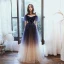 Chic / Belle Bleu Marine Dégradé De Couleur Robe De Soirée 2020 Princesse Bretelles Spaghetti Manches Courtes Appliques Paillettes Glitter Tulle Ceinture Longue Volants Robe De Ceremonie
