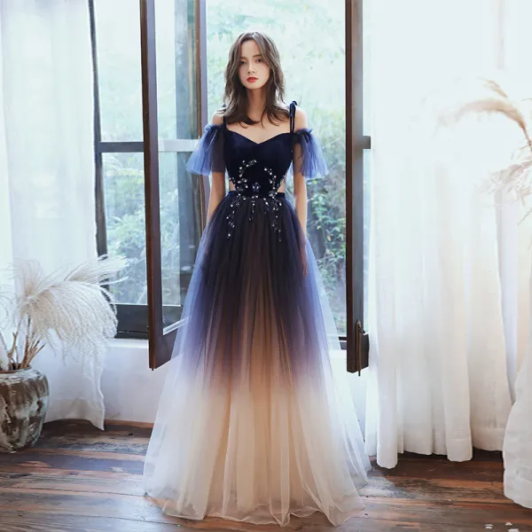 Chic / Beautiful Navy Blue Gradient-Color Evening Dresses  2020 A-Line / Princess Spaghetti Straps Short Sleeve Appliques Sequins Glitter Tulle Sash Floor-Length / Long Ruffle Formal Dresses