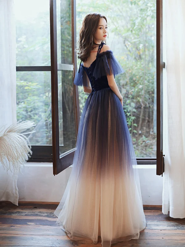 Chic / Belle Bleu Marine Dégradé De Couleur Robe De Soirée 2020 Princesse Bretelles Spaghetti Manches Courtes Appliques Paillettes Glitter Tulle Ceinture Longue Volants Robe De Ceremonie