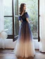 Chic / Belle Bleu Marine Dégradé De Couleur Robe De Soirée 2020 Princesse Bretelles Spaghetti Manches Courtes Appliques Paillettes Glitter Tulle Ceinture Longue Volants Robe De Ceremonie