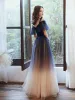 Chic / Beautiful Navy Blue Gradient-Color Evening Dresses  2020 A-Line / Princess Spaghetti Straps Short Sleeve Appliques Sequins Glitter Tulle Sash Floor-Length / Long Ruffle Formal Dresses