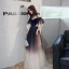 Chic / Belle Bleu Marine Dégradé De Couleur Robe De Soirée 2020 Princesse Bretelles Spaghetti Manches Courtes Appliques Paillettes Glitter Tulle Ceinture Longue Volants Robe De Ceremonie