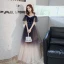 Chic / Belle Bleu Marine Dégradé De Couleur Robe De Soirée 2020 Princesse Bretelles Spaghetti Manches Courtes Appliques Paillettes Glitter Tulle Ceinture Longue Volants Robe De Ceremonie