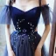 Chic / Belle Bleu Marine Dégradé De Couleur Robe De Soirée 2020 Princesse Bretelles Spaghetti Manches Courtes Appliques Paillettes Glitter Tulle Ceinture Longue Volants Robe De Ceremonie