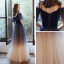 Chic / Belle Bleu Marine Dégradé De Couleur Robe De Soirée 2020 Princesse Bretelles Spaghetti Manches Courtes Appliques Paillettes Glitter Tulle Ceinture Longue Volants Robe De Ceremonie