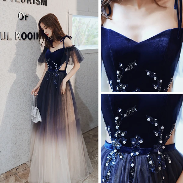 Chic / Belle Bleu Marine Dégradé De Couleur Robe De Soirée 2020 Princesse Bretelles Spaghetti Manches Courtes Appliques Paillettes Glitter Tulle Ceinture Longue Volants Robe De Ceremonie