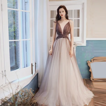 Sexy Marron Dégradé De Couleur Robe De Soirée 2020 Princesse Transparentes Col V Profond Sans Manches Glitter Tulle Longue Volants Dos Nu Robe De Ceremonie