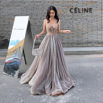 Elegant Brown Evening Dresses 2020 A Line Princess Spaghetti Straps Sleeveless Beading Floor Length Long Ruffle Backless Formal Dresses