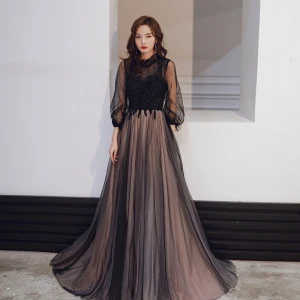 Vintage Originale Noire Robe De Soirée 2020 Princesse Transparentes Col Haut Gonflée 3 4 Manches Appliques En Dentelle Paillettes Perlage Longue Volants Dos Nu Robe De Ceremonie