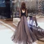 Vintage / Originale Noire Robe De Soirée 2020 Princesse Transparentes Col Haut Gonflée 3/4 Manches Appliques En Dentelle Paillettes Perlage Longue Volants Dos Nu Robe De Ceremonie