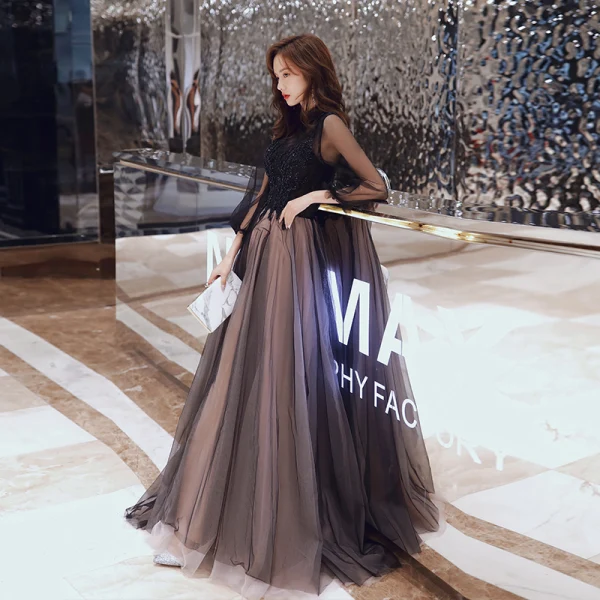 Vintage / Originale Noire Robe De Soirée 2020 Princesse Transparentes Col Haut Gonflée 3/4 Manches Appliques En Dentelle Paillettes Perlage Longue Volants Dos Nu Robe De Ceremonie