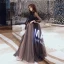 Vintage / Originale Noire Robe De Soirée 2020 Princesse Transparentes Col Haut Gonflée 3/4 Manches Appliques En Dentelle Paillettes Perlage Longue Volants Dos Nu Robe De Ceremonie