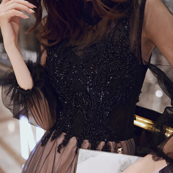 Vintage / Originale Noire Robe De Soirée 2020 Princesse Transparentes Col Haut Gonflée 3/4 Manches Appliques En Dentelle Paillettes Perlage Longue Volants Dos Nu Robe De Ceremonie