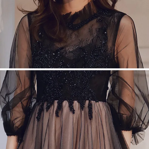 Vintage / Originale Noire Robe De Soirée 2020 Princesse Transparentes Col Haut Gonflée 3/4 Manches Appliques En Dentelle Paillettes Perlage Longue Volants Dos Nu Robe De Ceremonie