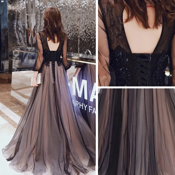 Vintage / Originale Noire Robe De Soirée 2020 Princesse Transparentes Col Haut Gonflée 3/4 Manches Appliques En Dentelle Paillettes Perlage Longue Volants Dos Nu Robe De Ceremonie