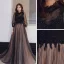 Vintage / Originale Noire Robe De Soirée 2020 Princesse Transparentes Col Haut Gonflée 3/4 Manches Appliques En Dentelle Paillettes Perlage Longue Volants Dos Nu Robe De Ceremonie