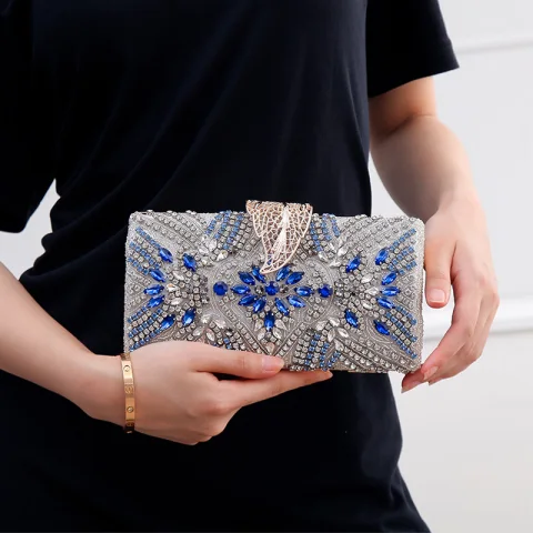 Elegante Königliches Blau Strass Quadratische Clutch Tasche 2020 Metall Perlenstickerei
