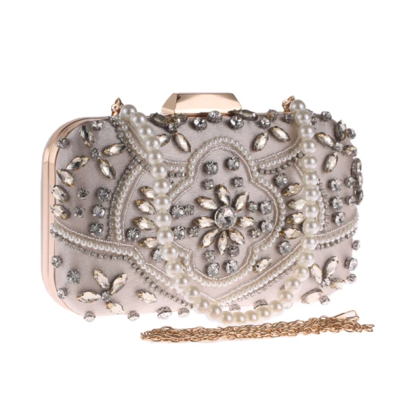 Chic / Beautiful Silver Square Clutch Bags 2020 Metal Beading Pearl Rhinestone