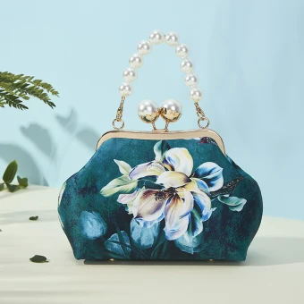 Vintage Retro Chinese Style Dark Green Clutch Bags 2020 Metal Printing Flower Polyester