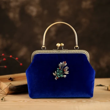 Kinesisk Stil Vintage Kongeblå Velour Beading Firkantede Håndvesken 2020
