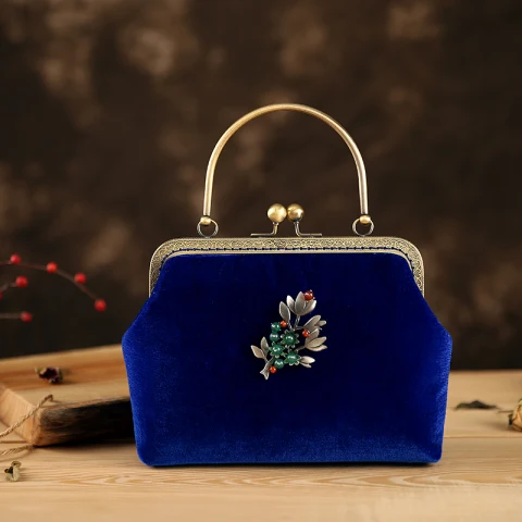 Chinesischer Stil Vintage Königliches Blau Velour Perlenstickerei Quadratische Clutch Tasche 2020