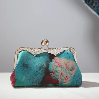 Vintage Retro Chinese Style Green Square Clutch Bags 2020 Metal Rhinestone Printing Flower Polyester