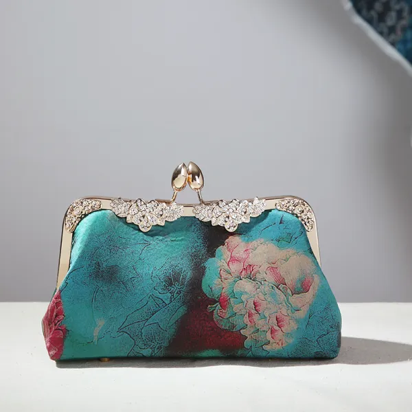 Vintage / Retro Chinese style Green Square Clutch Bags 2020 Metal Rhinestone Printing Flower Polyester