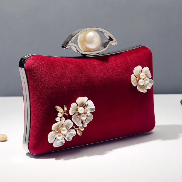 Vintage / Retro Burgundy Velour Square Clutch Bags 2020 Metal Beading Pearl Rhinestone Flower