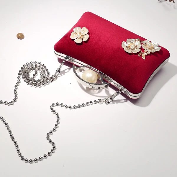 Vintage / Retro Burgundy Velour Square Clutch Bags 2020 Metal Beading Pearl Rhinestone Flower