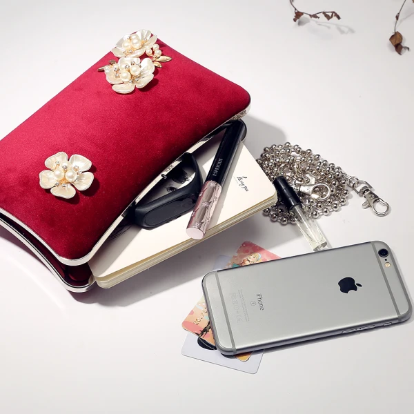 Vintage / Retro Burgundy Velour Square Clutch Bags 2020 Metal Beading Pearl Rhinestone Flower