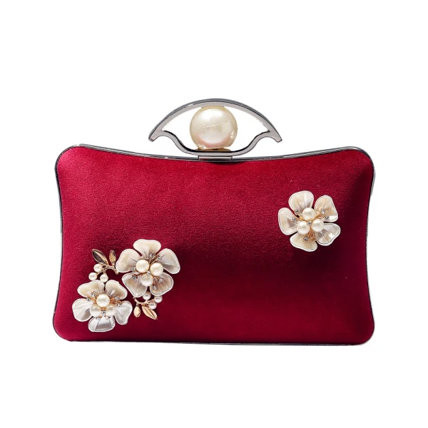 Vintage / Retro Burgundy Velour Square Clutch Bags 2020 Metal Beading Pearl Rhinestone Flower