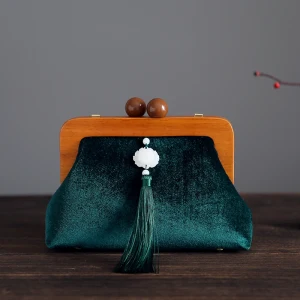 Vintage Kinesisk Stil Mörkgrön Velour Tassel Fyrkantiga Kuvertväska 2020