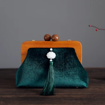 Vintage Kinesisk Stil Mörkgrön Velour Tassel Fyrkantiga Kuvertväska 2020