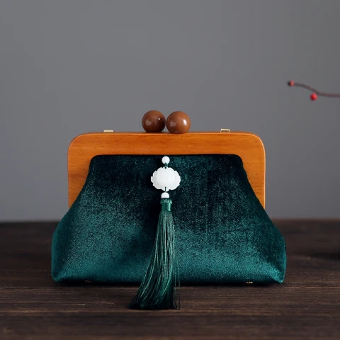 Vintage Chinesischer Stil Dunkelgrün Velour Quaste Quadratische Clutch Tasche 2020