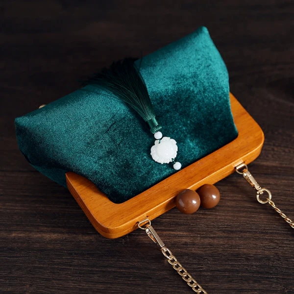 Vintage Kinesisk Stil Mörkgrön Velour Tassel Fyrkantiga Kuvertväska 2020