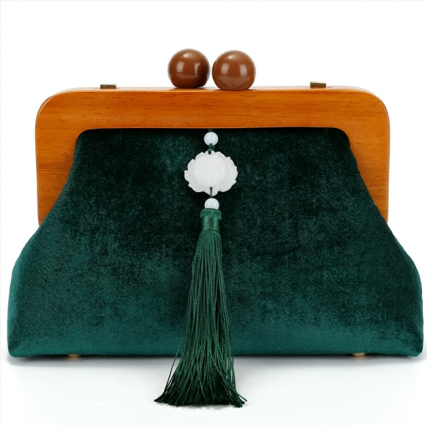 Vintage Kinesisk Stil Mörkgrön Velour Tassel Fyrkantiga Kuvertväska 2020