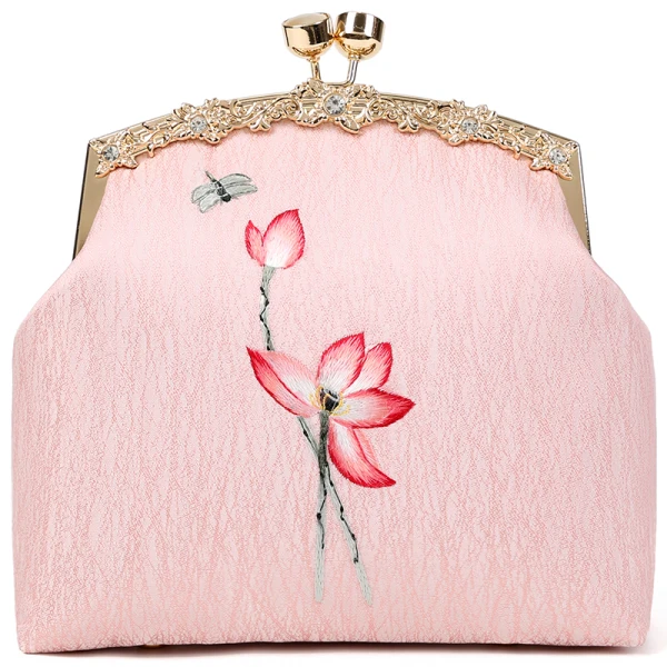 Style Chinois Perle Rose Brodé Fleur Carrés Pochette 2020