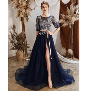 Charming Royal Blue See Through Evening Dresses 2020 A Line Princess Scoop Neck Puffy 1 2 Sleeves Appliques Flower Beading Split Front Court Train Ruffle Backless Formal Dresses