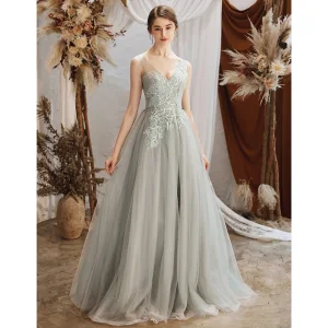 Elegant Grey See Through Evening Dresses 2020 A Line Princess V Neck Sleeveless Appliques Lace Beading Floor Length Long Ruffle Backless Formal Dresses
