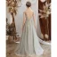 Élégant Gris Transparentes Robe De Soirée 2020 Princesse V-Cou Sans Manches Appliques En Dentelle Perlage Longue Volants Dos Nu Robe De Ceremonie