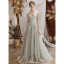 Élégant Gris Transparentes Robe De Soirée 2020 Princesse V-Cou Sans Manches Appliques En Dentelle Perlage Longue Volants Dos Nu Robe De Ceremonie