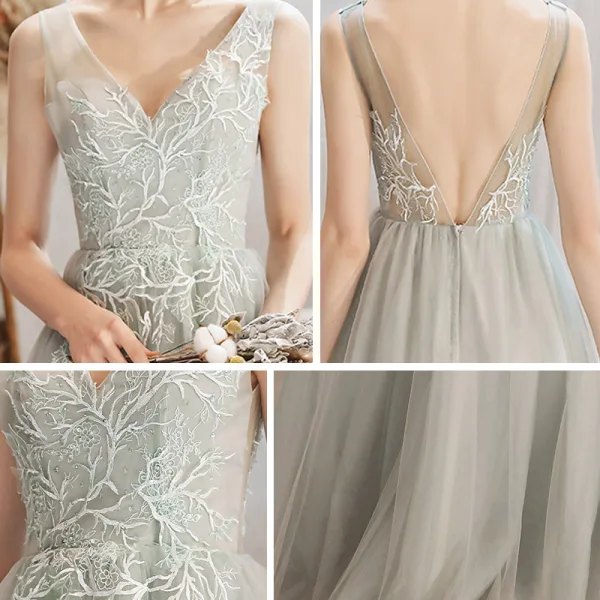 Élégant Gris Transparentes Robe De Soirée 2020 Princesse V-Cou Sans Manches Appliques En Dentelle Perlage Longue Volants Dos Nu Robe De Ceremonie