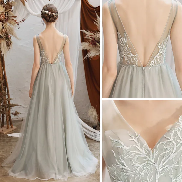 Élégant Gris Transparentes Robe De Soirée 2020 Princesse V-Cou Sans Manches Appliques En Dentelle Perlage Longue Volants Dos Nu Robe De Ceremonie
